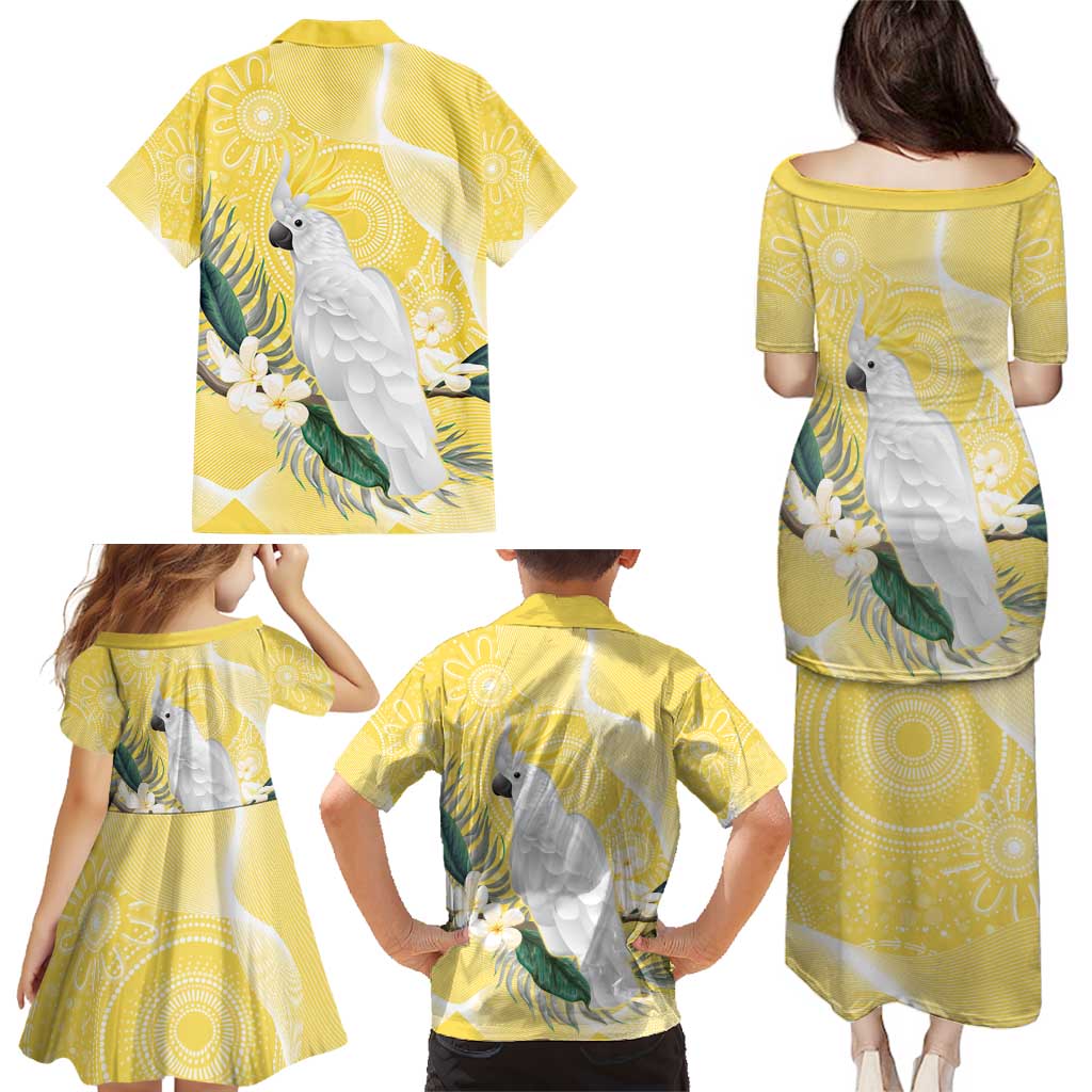 Australia Cacatua Galerita Family Matching Puletasi and Hawaiian Shirt Sulphur-Crested Cockatoo - Aboriginal Art
