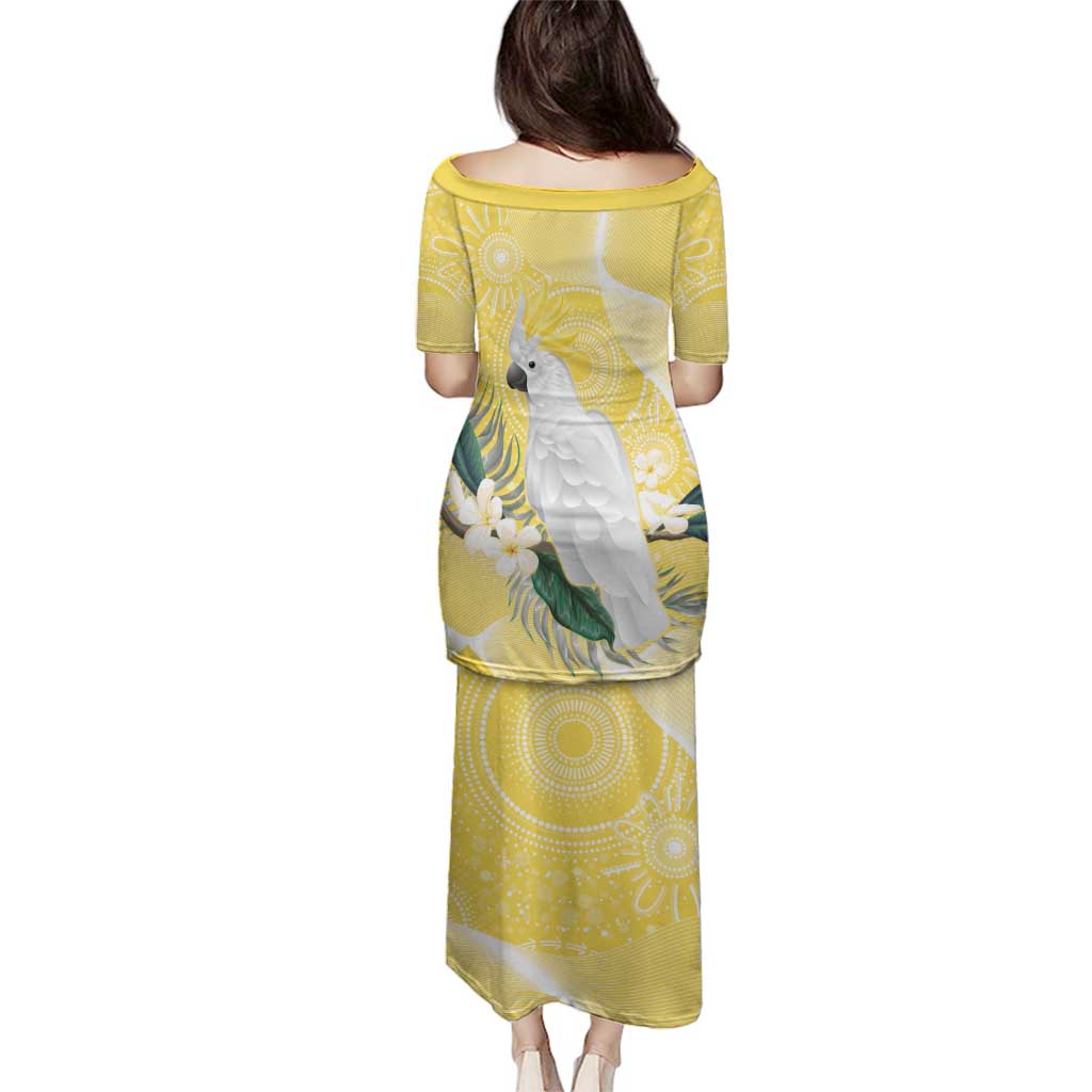 Australia Cacatua Galerita Family Matching Puletasi and Hawaiian Shirt Sulphur-Crested Cockatoo - Aboriginal Art