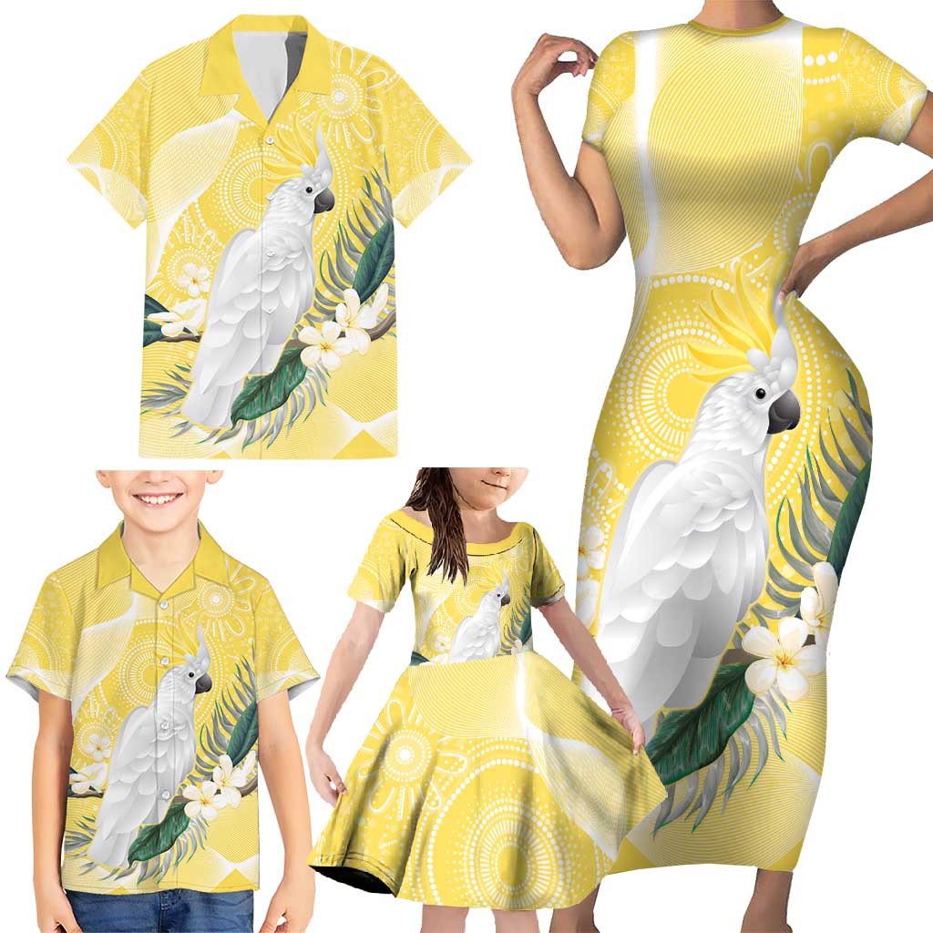 Australia Cacatua Galerita Family Matching Short Sleeve Bodycon Dress and Hawaiian Shirt Sulphur-Crested Cockatoo - Aboriginal Art