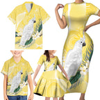 Australia Cacatua Galerita Family Matching Short Sleeve Bodycon Dress and Hawaiian Shirt Sulphur-Crested Cockatoo - Aboriginal Art