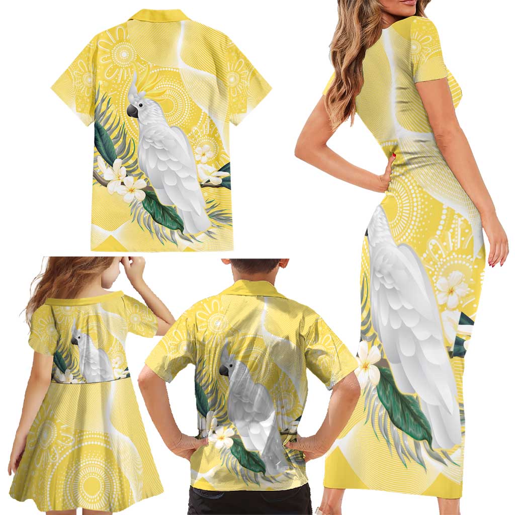 Australia Cacatua Galerita Family Matching Short Sleeve Bodycon Dress and Hawaiian Shirt Sulphur-Crested Cockatoo - Aboriginal Art