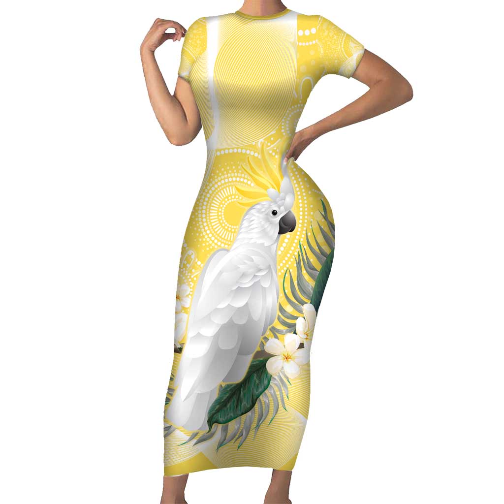 Australia Cacatua Galerita Family Matching Short Sleeve Bodycon Dress and Hawaiian Shirt Sulphur-Crested Cockatoo - Aboriginal Art