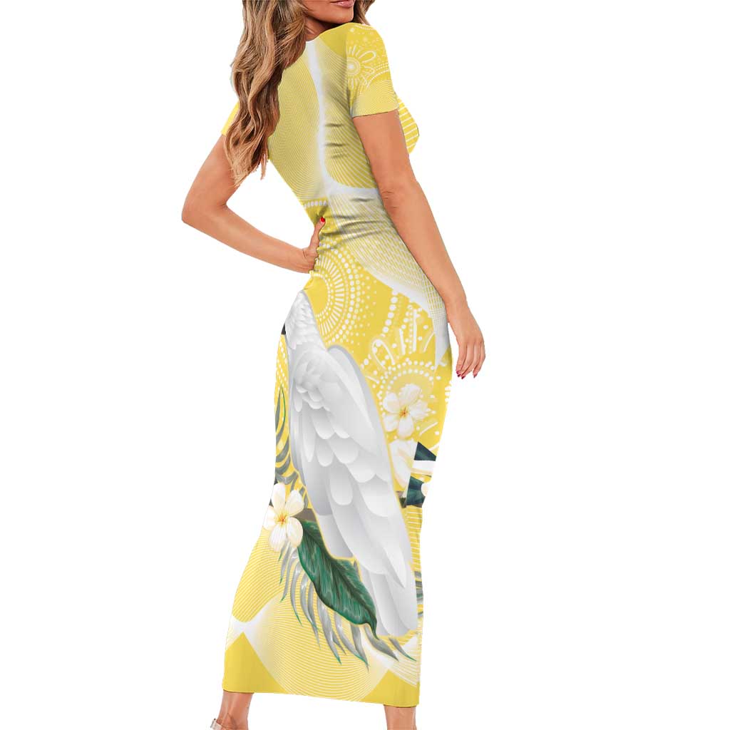 Australia Cacatua Galerita Family Matching Short Sleeve Bodycon Dress and Hawaiian Shirt Sulphur-Crested Cockatoo - Aboriginal Art