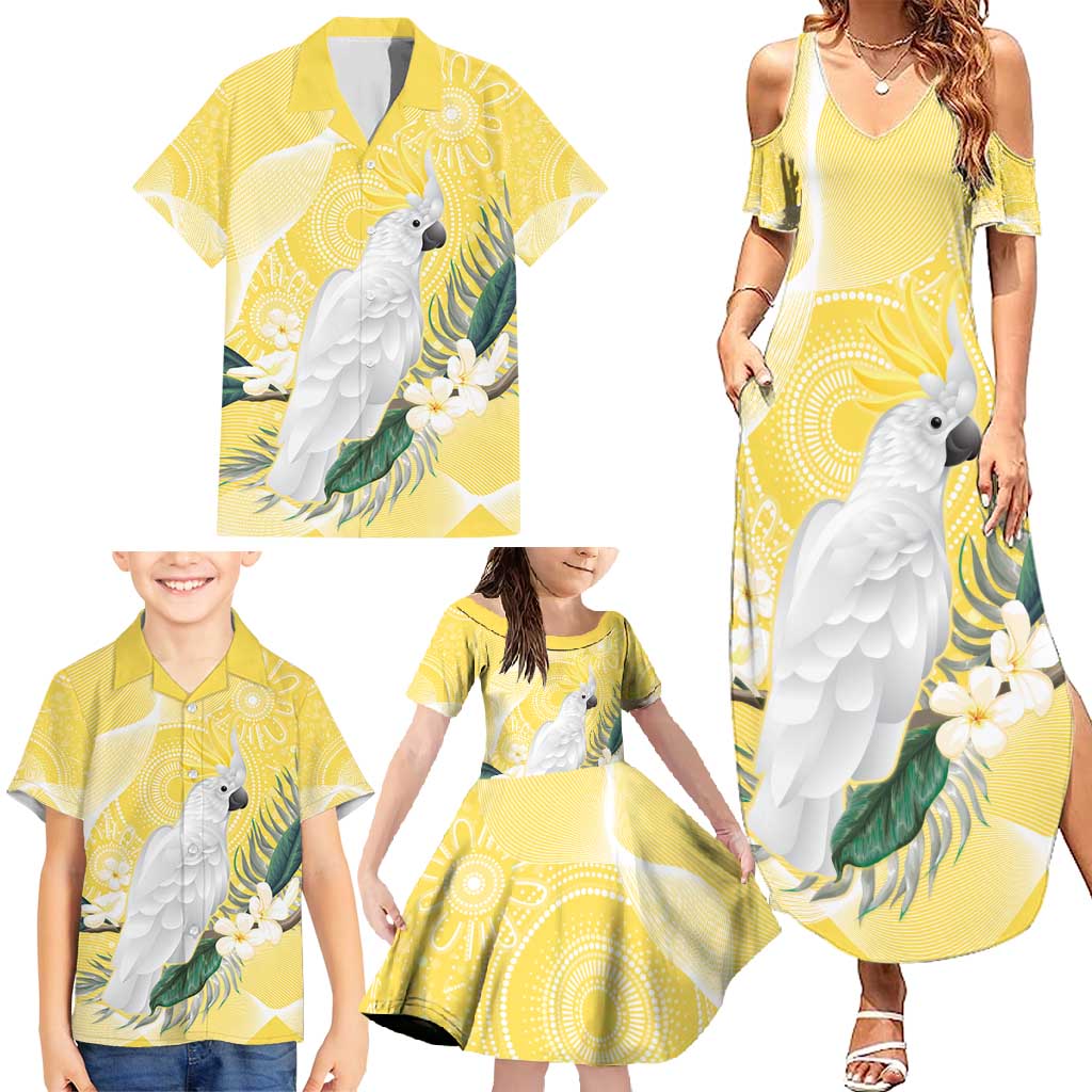 Australia Cacatua Galerita Family Matching Summer Maxi Dress and Hawaiian Shirt Sulphur-Crested Cockatoo - Aboriginal Art