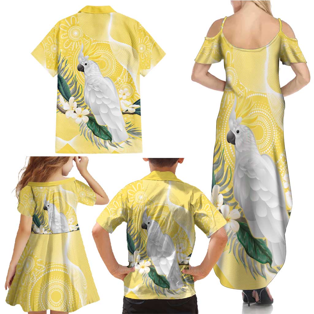 Australia Cacatua Galerita Family Matching Summer Maxi Dress and Hawaiian Shirt Sulphur-Crested Cockatoo - Aboriginal Art