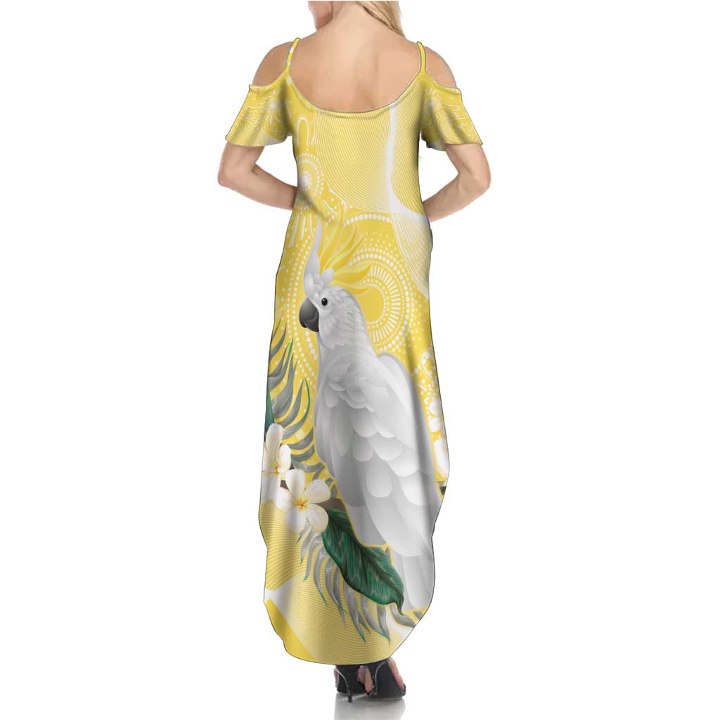 Australia Cacatua Galerita Family Matching Summer Maxi Dress and Hawaiian Shirt Sulphur-Crested Cockatoo - Aboriginal Art