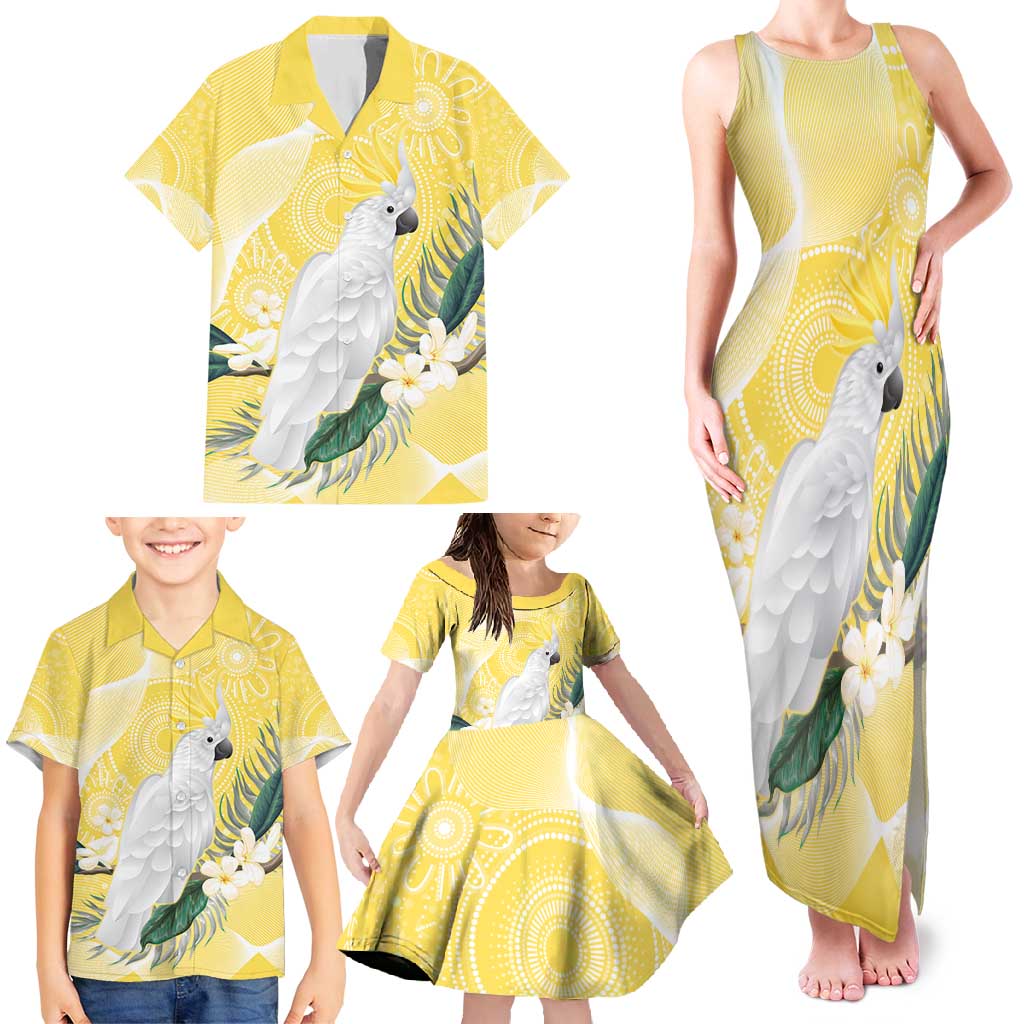 Australia Cacatua Galerita Family Matching Tank Maxi Dress and Hawaiian Shirt Sulphur-Crested Cockatoo - Aboriginal Art
