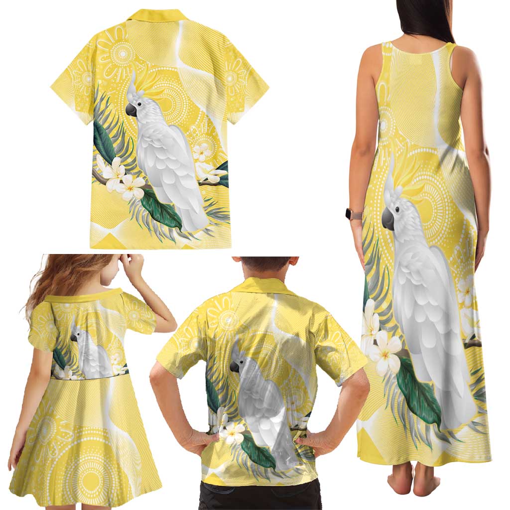 Australia Cacatua Galerita Family Matching Tank Maxi Dress and Hawaiian Shirt Sulphur-Crested Cockatoo - Aboriginal Art