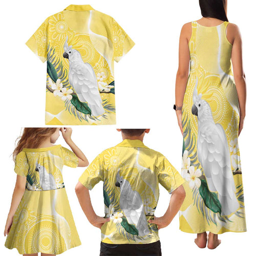 Australia Cacatua Galerita Family Matching Tank Maxi Dress and Hawaiian Shirt Sulphur-Crested Cockatoo - Aboriginal Art