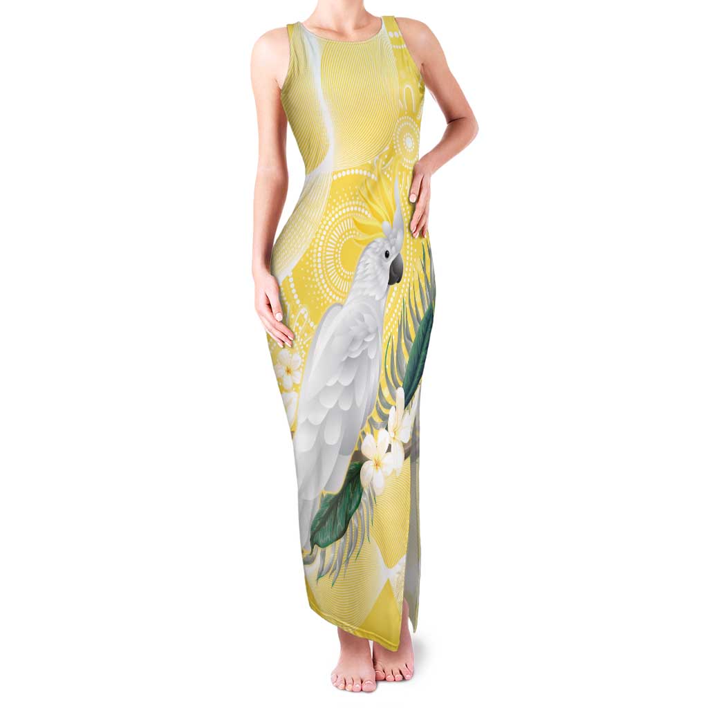 Australia Cacatua Galerita Family Matching Tank Maxi Dress and Hawaiian Shirt Sulphur-Crested Cockatoo - Aboriginal Art