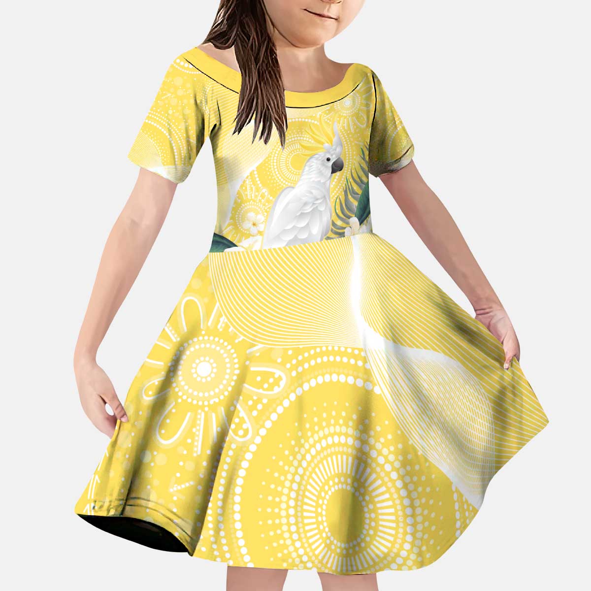 Australia Cacatua Galerita Kid Short Sleeve Dress Sulphur-Crested Cockatoo - Aboriginal Art