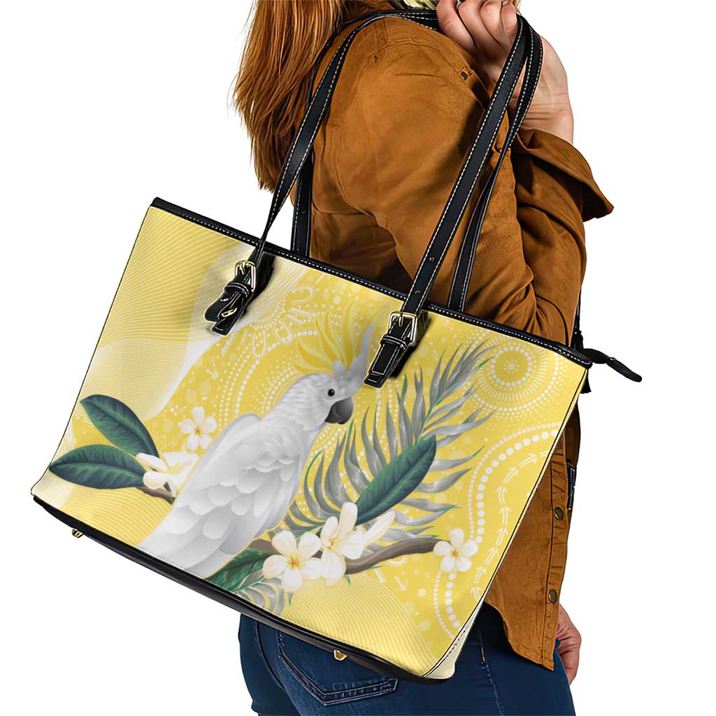 Australia Cacatua Galerita Leather Tote Bag Sulphur-Crested Cockatoo - Aboriginal Art