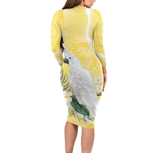 Australia Cacatua Galerita Long Sleeve Bodycon Dress Sulphur-Crested Cockatoo - Aboriginal Art