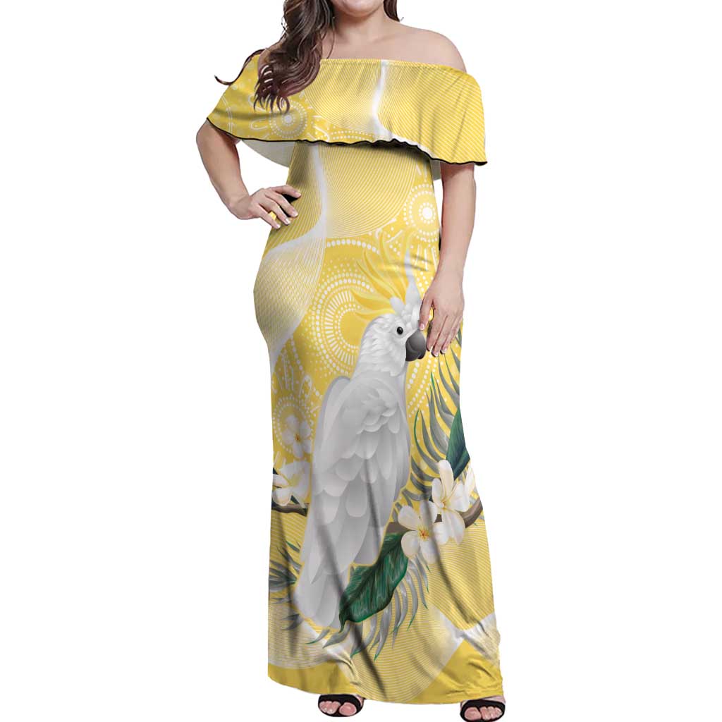 Australia Cacatua Galerita Off Shoulder Maxi Dress Sulphur-Crested Cockatoo - Aboriginal Art