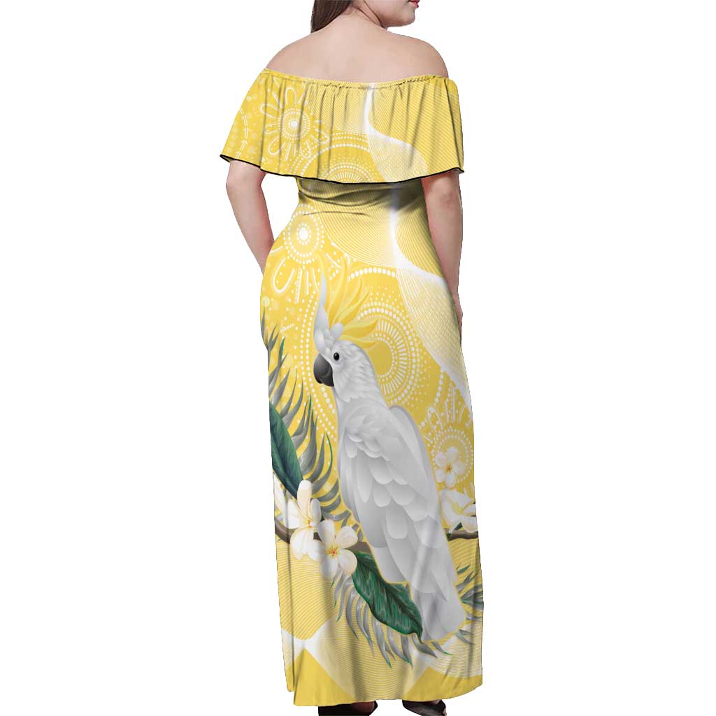 Australia Cacatua Galerita Off Shoulder Maxi Dress Sulphur-Crested Cockatoo - Aboriginal Art