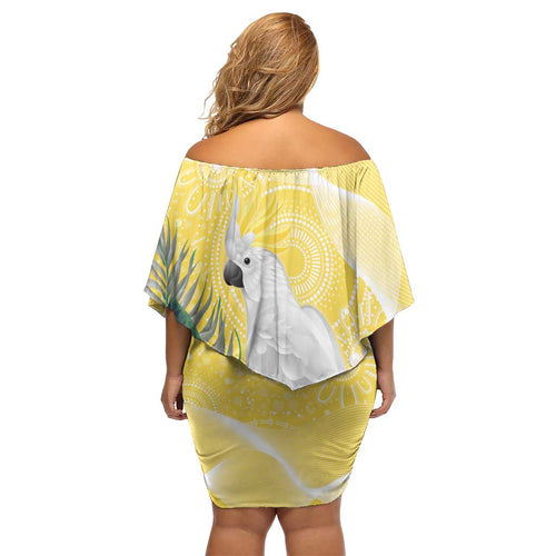 Australia Cacatua Galerita Off Shoulder Short Dress Sulphur-Crested Cockatoo - Aboriginal Art