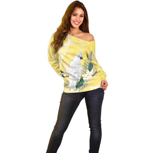 Australia Cacatua Galerita Off Shoulder Sweater Sulphur-Crested Cockatoo - Aboriginal Art