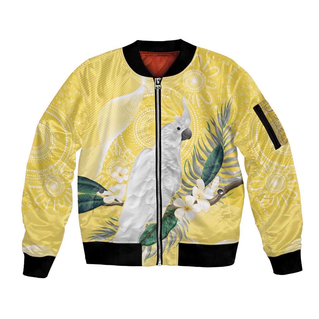 Australia Cacatua Galerita Sleeve Zip Bomber Jacket Sulphur-Crested Cockatoo - Aboriginal Art