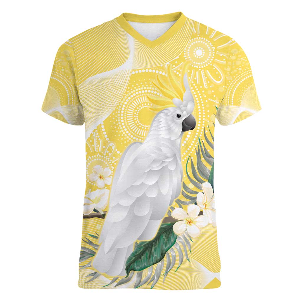 Australia Cacatua Galerita Women V-Neck T-Shirt Sulphur-Crested Cockatoo - Aboriginal Art