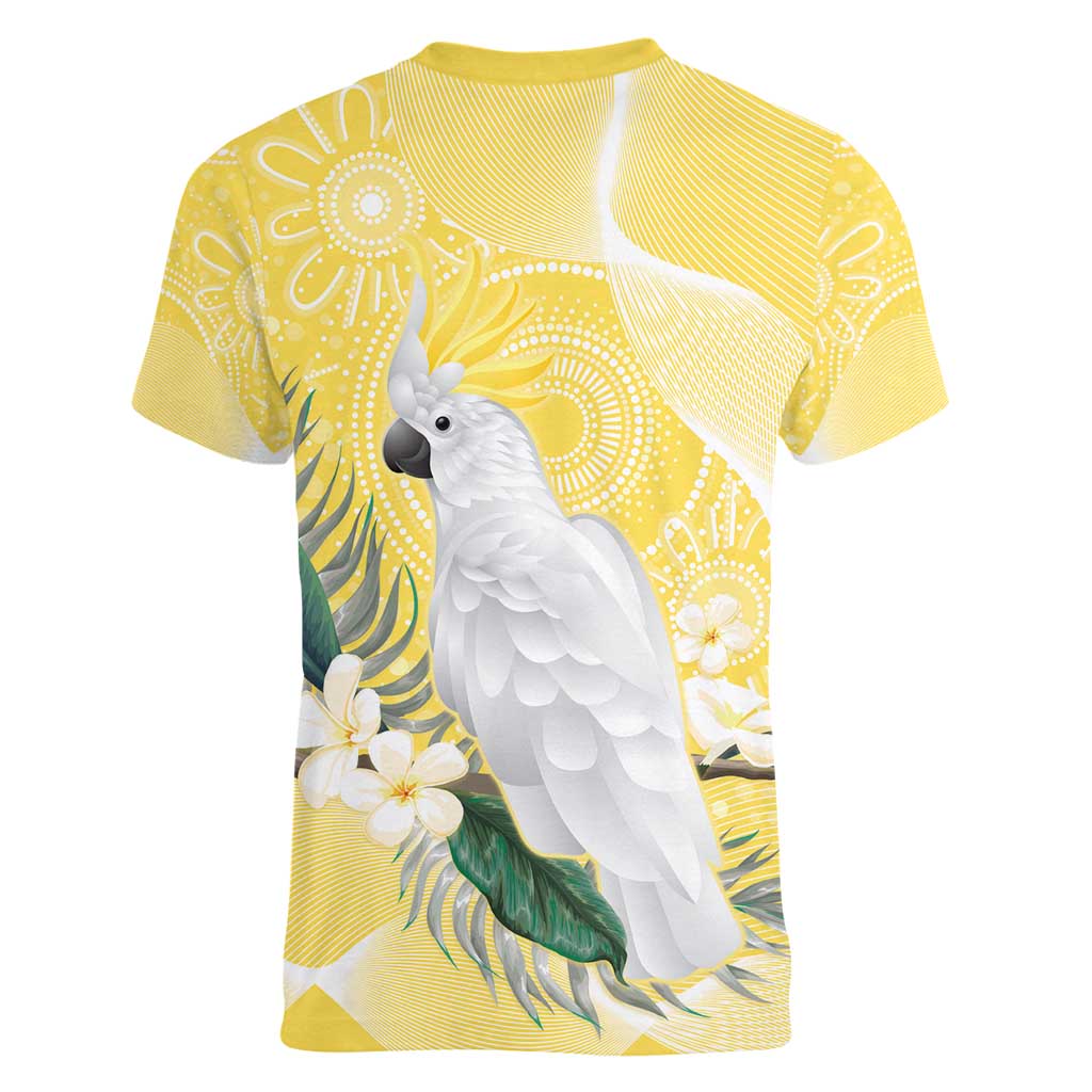 Australia Cacatua Galerita Women V-Neck T-Shirt Sulphur-Crested Cockatoo - Aboriginal Art