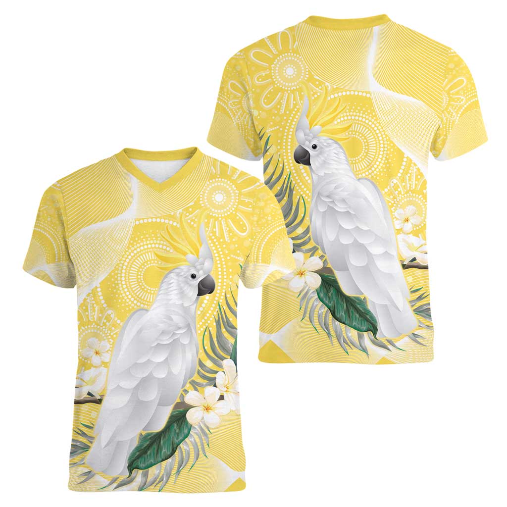 Australia Cacatua Galerita Women V-Neck T-Shirt Sulphur-Crested Cockatoo - Aboriginal Art