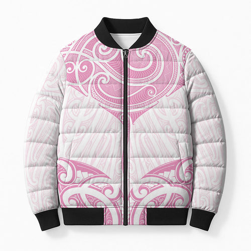 New Zealand Manta Ray Tattoo Bomber Puffer Jacket Aotearoa Maori Haehae Pink