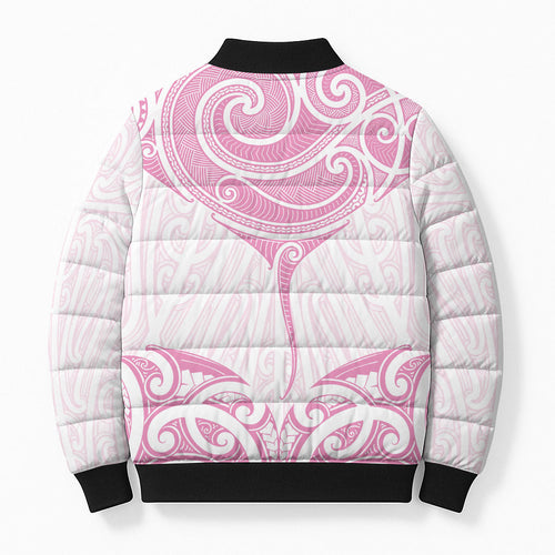 New Zealand Manta Ray Tattoo Bomber Puffer Jacket Aotearoa Maori Haehae Pink
