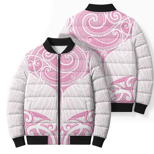 New Zealand Manta Ray Tattoo Bomber Puffer Jacket Aotearoa Maori Haehae Pink