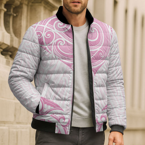 New Zealand Manta Ray Tattoo Bomber Puffer Jacket Aotearoa Maori Haehae Pink