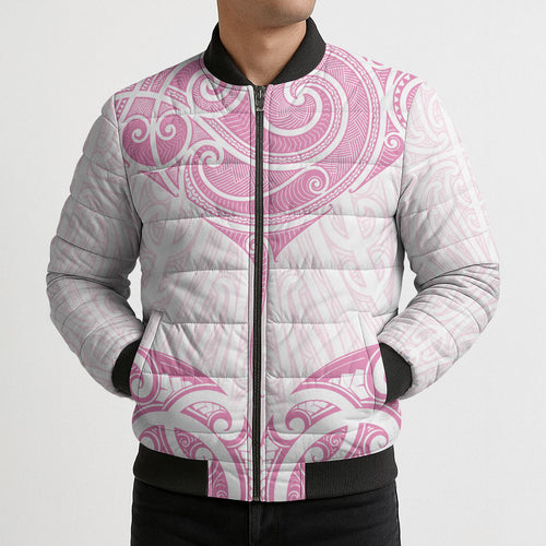 New Zealand Manta Ray Tattoo Bomber Puffer Jacket Aotearoa Maori Haehae Pink