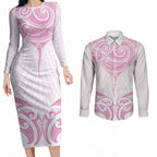 New Zealand Manta Ray Tattoo Couples Matching Long Sleeve Bodycon Dress and Long Sleeve Button Shirt Aotearoa Maori Haehae Pink