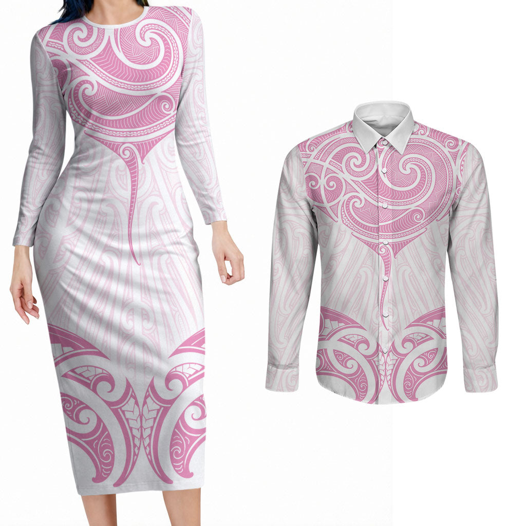 New Zealand Manta Ray Tattoo Couples Matching Long Sleeve Bodycon Dress and Long Sleeve Button Shirt Aotearoa Maori Haehae Pink