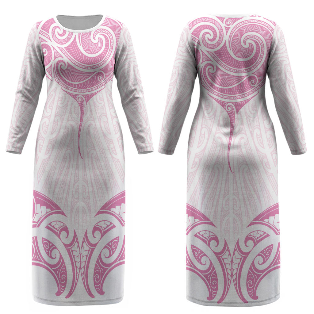 New Zealand Manta Ray Tattoo Couples Matching Long Sleeve Bodycon Dress and Long Sleeve Button Shirt Aotearoa Maori Haehae Pink