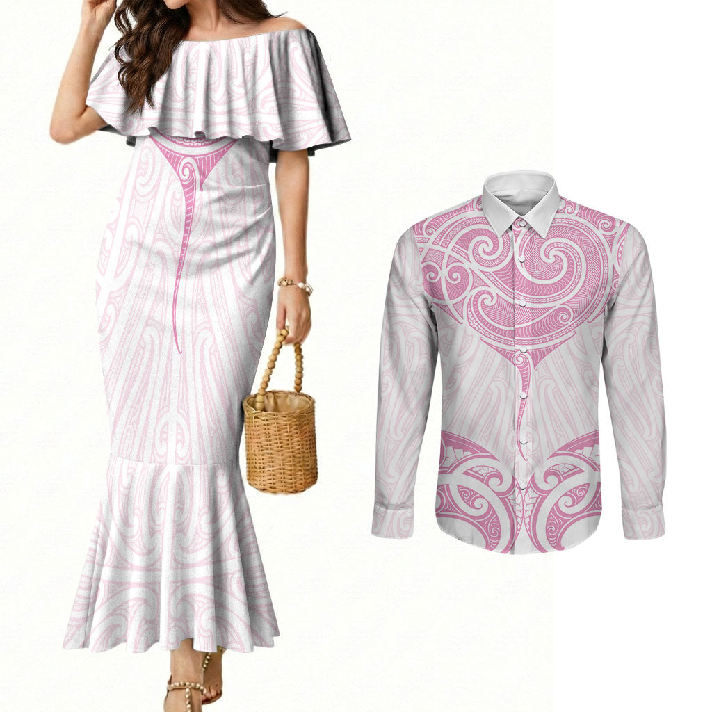 New Zealand Manta Ray Tattoo Couples Matching Mermaid Dress and Long Sleeve Button Shirt Aotearoa Maori Haehae Pink