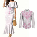 New Zealand Manta Ray Tattoo Couples Matching Mermaid Dress and Long Sleeve Button Shirt Aotearoa Maori Haehae Pink