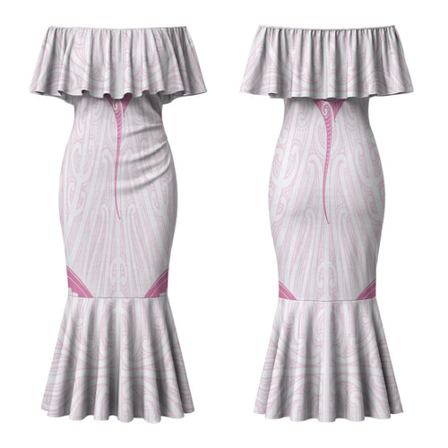 New Zealand Manta Ray Tattoo Couples Matching Mermaid Dress and Long Sleeve Button Shirt Aotearoa Maori Haehae Pink