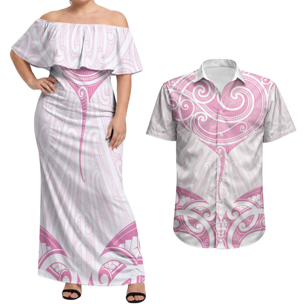 New Zealand Manta Ray Tattoo Couples Matching Off Shoulder Maxi Dress and Hawaiian Shirt Aotearoa Maori Haehae Pink