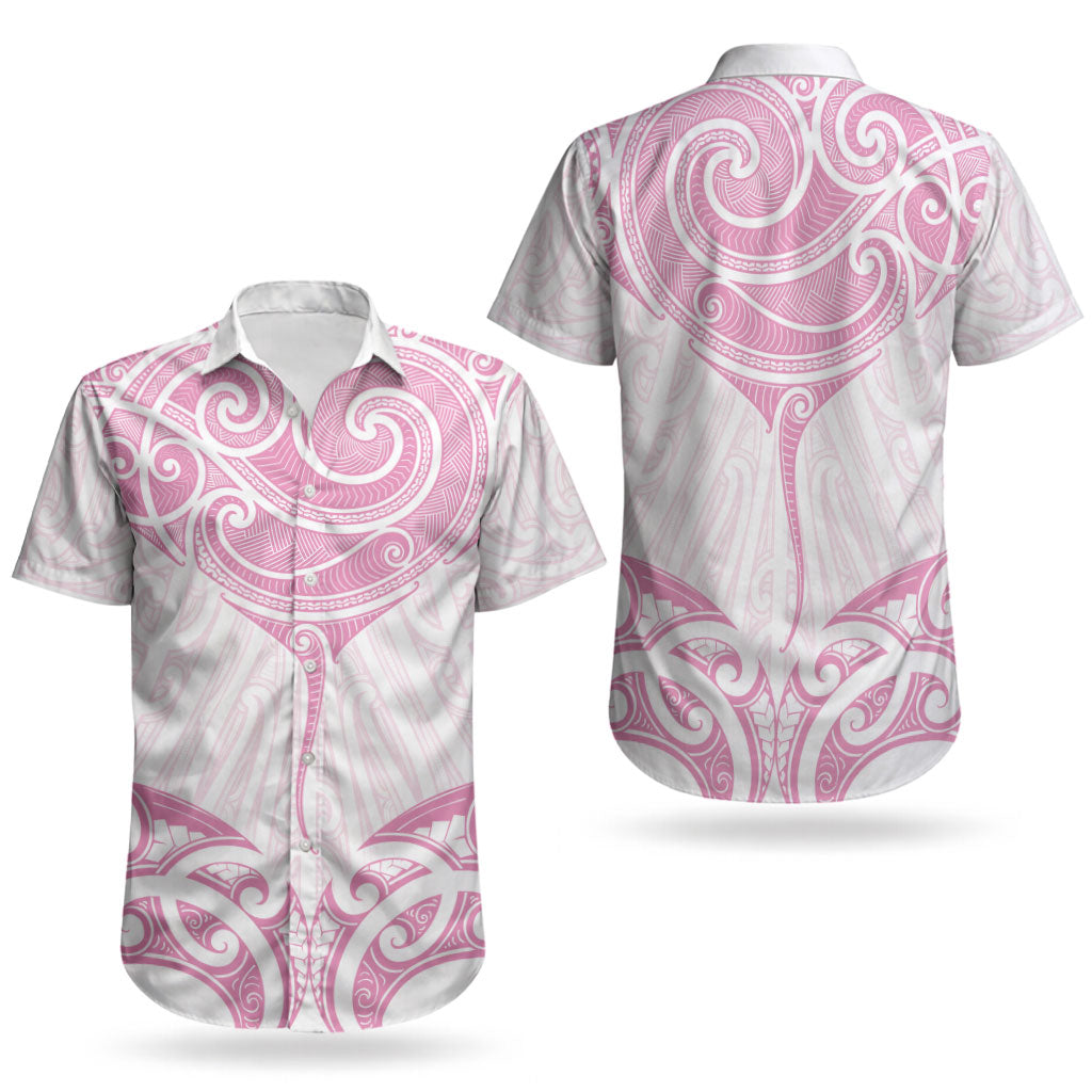 New Zealand Manta Ray Tattoo Couples Matching Off Shoulder Maxi Dress and Hawaiian Shirt Aotearoa Maori Haehae Pink