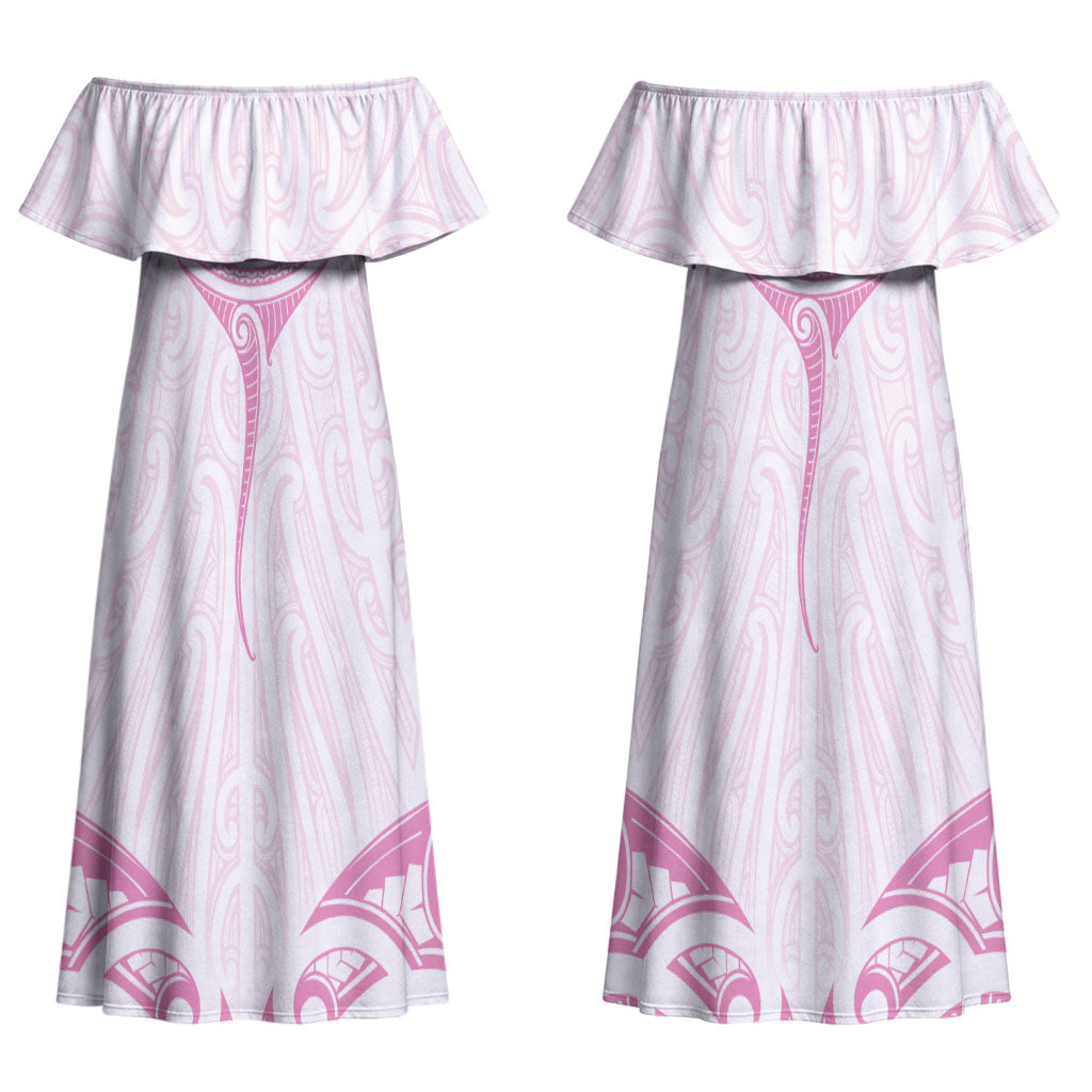 New Zealand Manta Ray Tattoo Couples Matching Off Shoulder Maxi Dress and Hawaiian Shirt Aotearoa Maori Haehae Pink