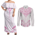 New Zealand Manta Ray Tattoo Couples Matching Off Shoulder Maxi Dress and Long Sleeve Button Shirt Aotearoa Maori Haehae Pink