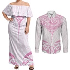 New Zealand Manta Ray Tattoo Couples Matching Off Shoulder Maxi Dress and Long Sleeve Button Shirt Aotearoa Maori Haehae Pink