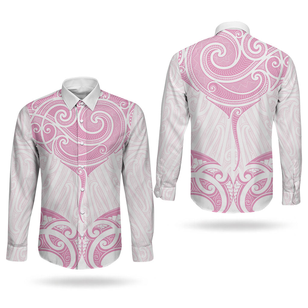 New Zealand Manta Ray Tattoo Couples Matching Off Shoulder Maxi Dress and Long Sleeve Button Shirt Aotearoa Maori Haehae Pink