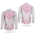 New Zealand Manta Ray Tattoo Couples Matching Off Shoulder Maxi Dress and Long Sleeve Button Shirt Aotearoa Maori Haehae Pink