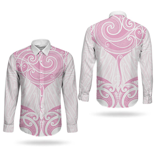 New Zealand Manta Ray Tattoo Couples Matching Off Shoulder Maxi Dress and Long Sleeve Button Shirt Aotearoa Maori Haehae Pink
