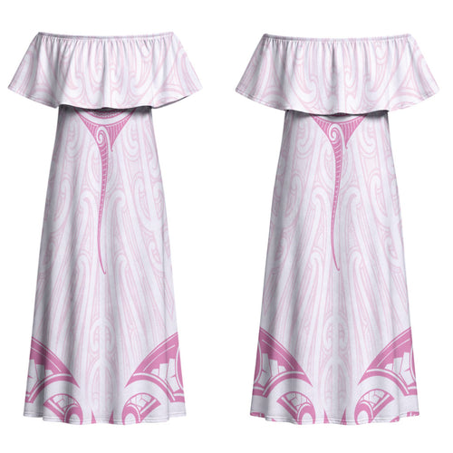 New Zealand Manta Ray Tattoo Couples Matching Off Shoulder Maxi Dress and Long Sleeve Button Shirt Aotearoa Maori Haehae Pink