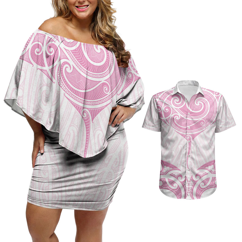 New Zealand Manta Ray Tattoo Couples Matching Off Shoulder Short Dress and Hawaiian Shirt Aotearoa Maori Haehae Pink