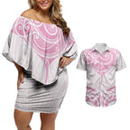 New Zealand Manta Ray Tattoo Couples Matching Off Shoulder Short Dress and Hawaiian Shirt Aotearoa Maori Haehae Pink