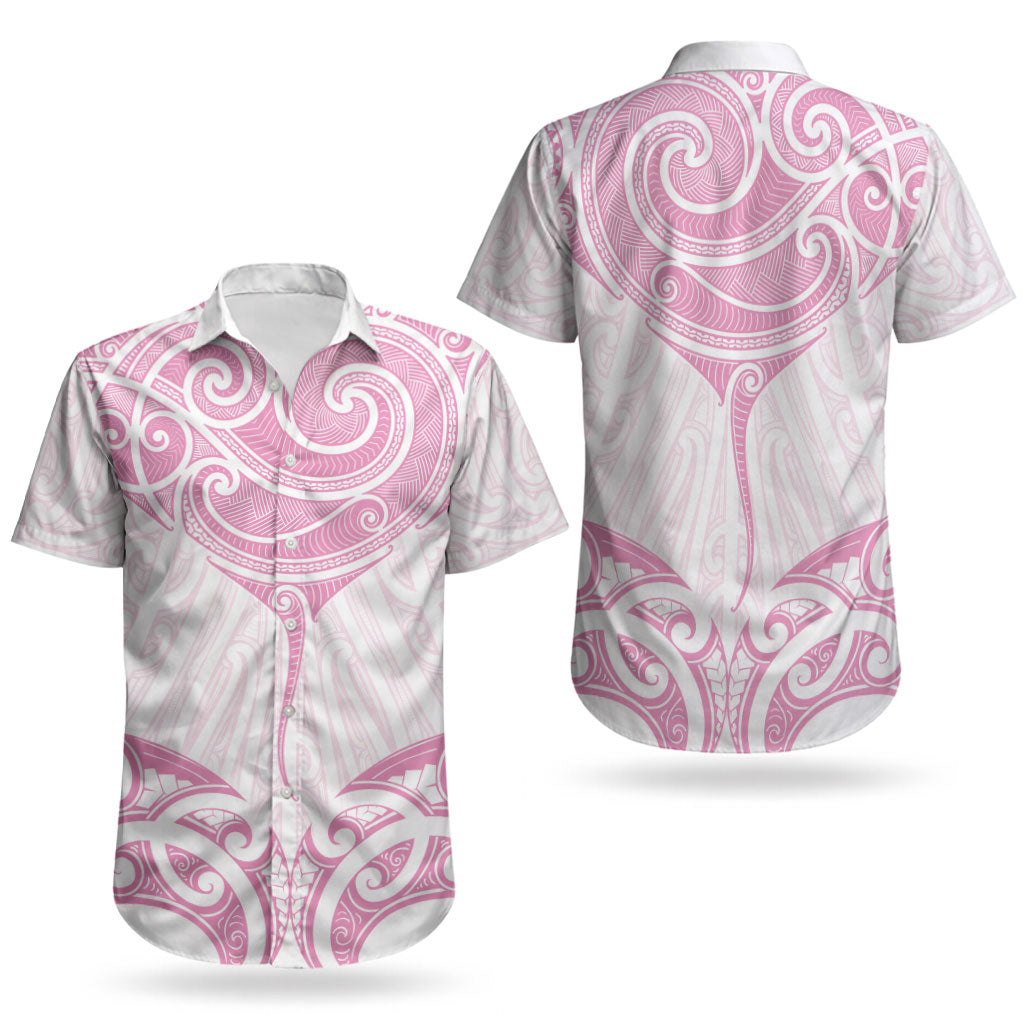 New Zealand Manta Ray Tattoo Couples Matching Off Shoulder Short Dress and Hawaiian Shirt Aotearoa Maori Haehae Pink