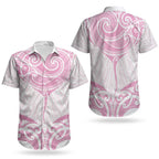 New Zealand Manta Ray Tattoo Couples Matching Off Shoulder Short Dress and Hawaiian Shirt Aotearoa Maori Haehae Pink
