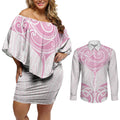 New Zealand Manta Ray Tattoo Couples Matching Off Shoulder Short Dress and Long Sleeve Button Shirt Aotearoa Maori Haehae Pink